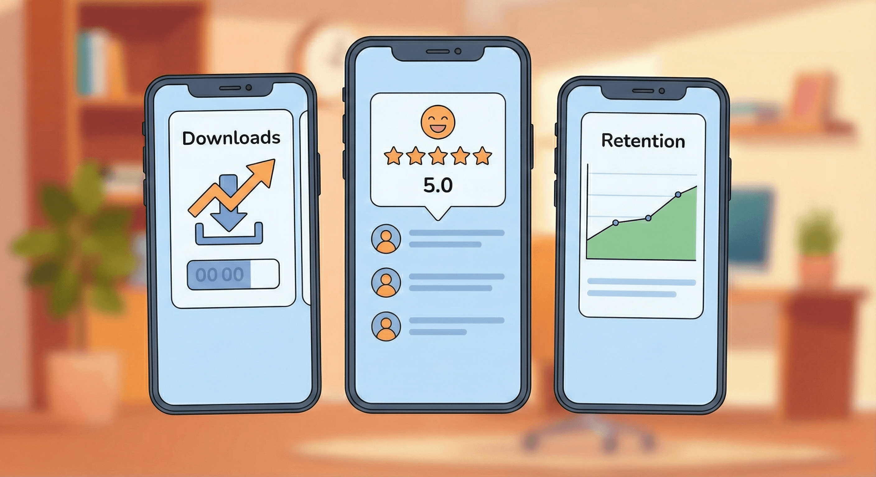 Phones showing downloads, ratings and retention