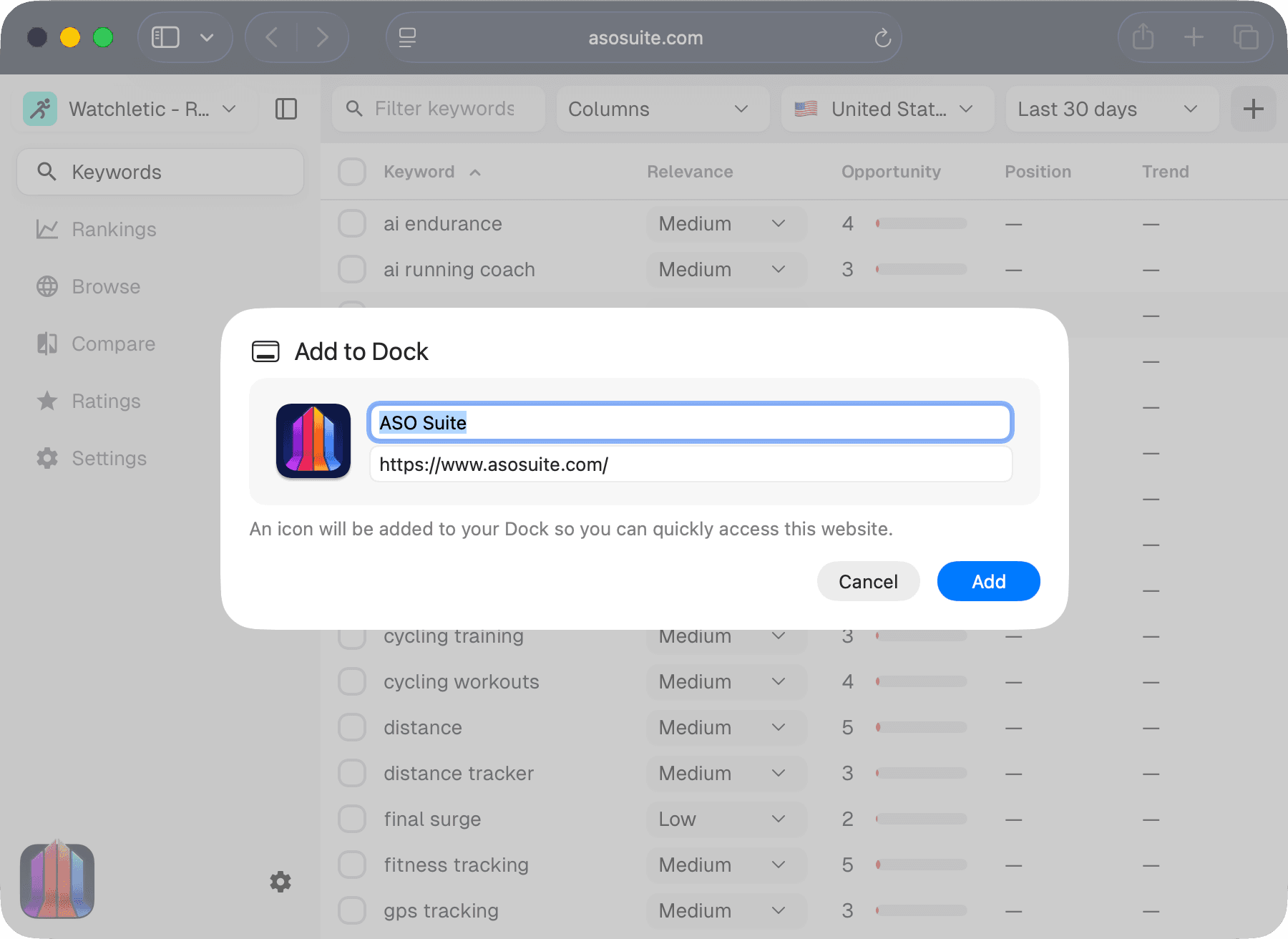 Screenshot of "Add to Dock" confirmation dialog